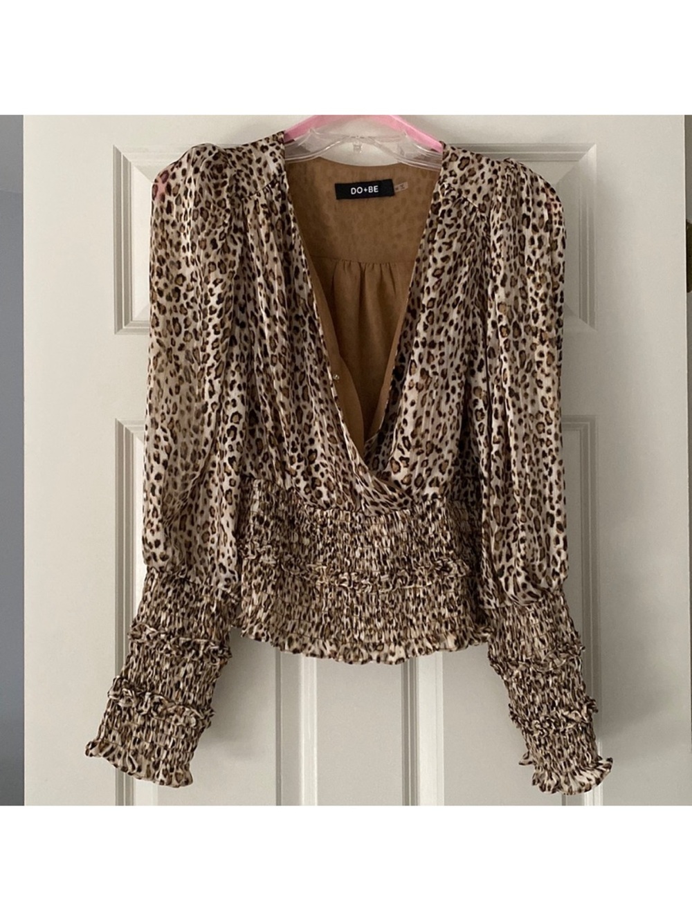 DO+BE Leopard Print Smocked Waist V-Neck Blouse in Beige and Brown